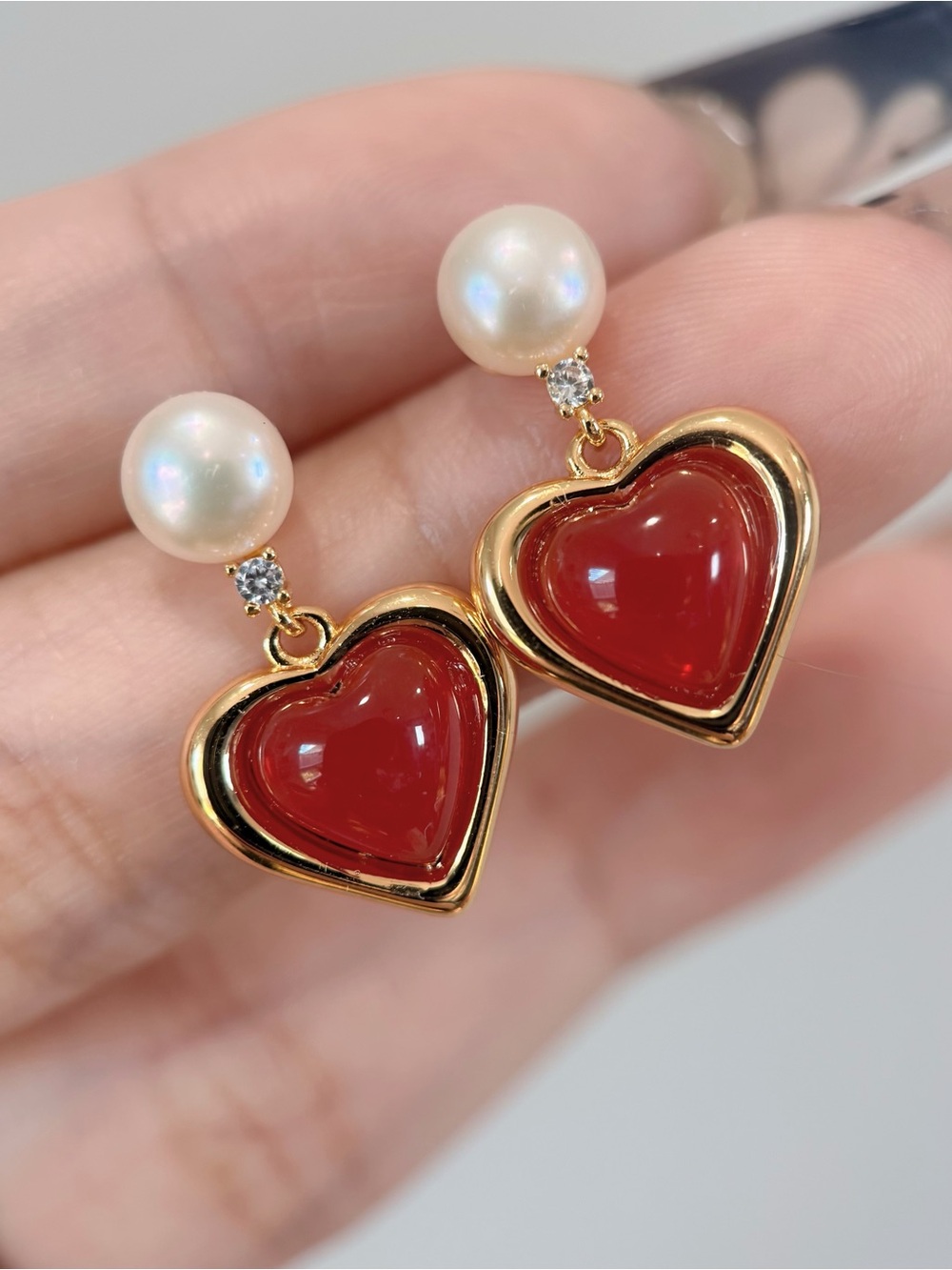 Red Love Heart Freshwater Pearl Earrings